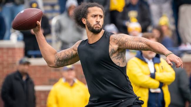 ANN ARBOR, MI - APRIL 02: Colin Kaepernick participates in a throwing exhibition during half time of the Michigan spring football game at Michigan Stadium on April 2, 2022 in Ann Arbor, Michigan.  (Photo by Jaime Crawford/Getty Images)