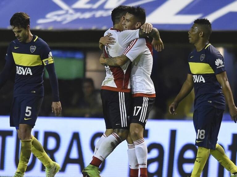 River festejando el triunfo en la Bombonera. Foto: Getty