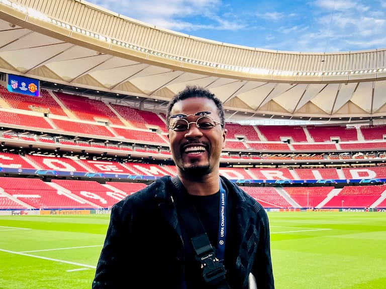 MADRID, SPAIN - FEBRUARY 23: Patrice Evra arrives ahead of the UEFA Champions League Round Of Sixteen Leg One match between Atletico Madrid and Manchester United at Wanda Metropolitano on February 23, 2022 in Madrid, Spain. (Photo by Ash Donelon/Manchester United via Getty Images)
