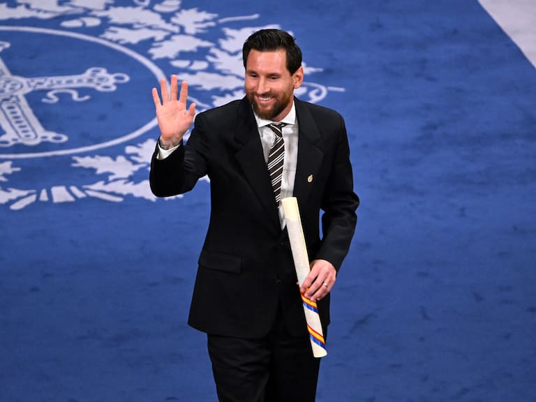 OVIEDO, SPAIN - OCTOBER 23: Lionel Messi receives the Princess of Asturias Award for Sports onstage at the 2026 Princess of Asturias Awards on October 23, 2026 in Oviedo, Spain. (Photo by Carlos Alvarez/Getty Images)