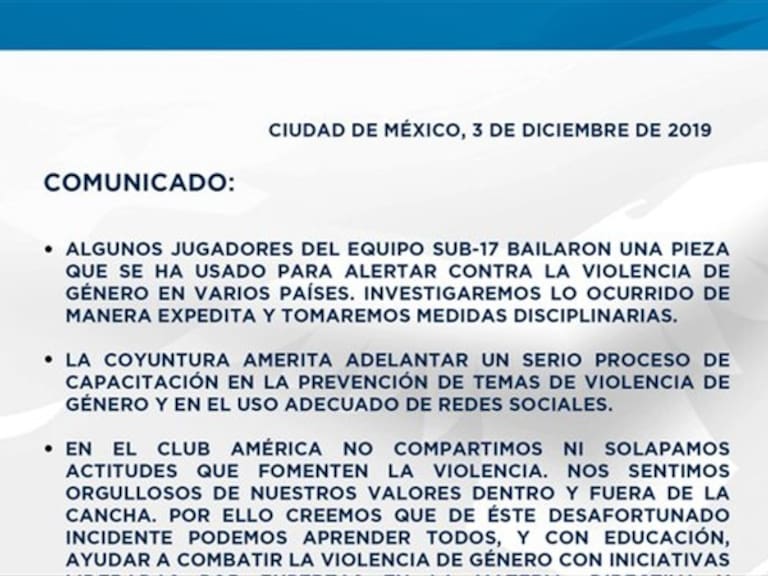 Comunicado del Club América. Foto: Twitter @ClubAmerica