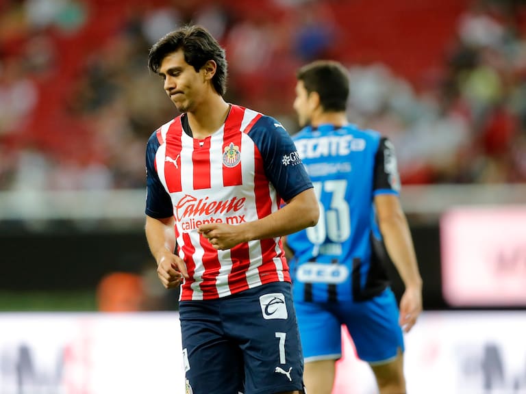 ZAPOPAN, MEXICO - APRIL 13: José Macías of Chivas reacts during the 12th round match between Chivas and Monterrey as part of the Torneo Grita Mexico C22 Liga MX at Akron Stadium on April 13, 2022 in Zapopan, Mexico. (Photo by Refugio Ruiz/Getty Images)
