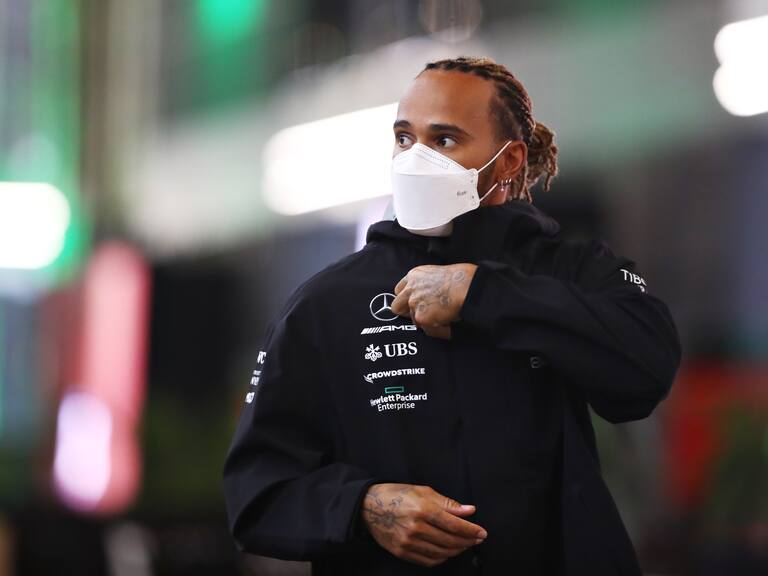 JEDDAH, SAUDI ARABIA - MARCH 25: Lewis Hamilton of Great Britain and Mercedes leaves the paddock after the drivers and team principals meeting after practice ahead of the F1 Grand Prix of Saudi Arabia at the Jeddah Corniche Circuit on March 25, 2022 in Jeddah, Saudi Arabia. (Photo by Joe Portlock - Formula 1/Formula 1 via Getty Images)