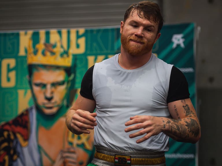 SAN DIEGO, CA - OCTOBER 20:  WBA, WBO, WBC and The Ring super middleweight title holder Canelo Alvarez boxes during his media workout at Canelo&#039;s Gym on October 20, 2021 in San Diego, California. (Photo by Matt Thomas/Getty Images)