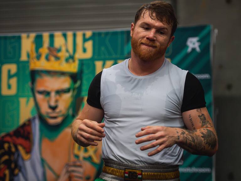 SAN DIEGO, CA - OCTOBER 20:  WBA, WBO, WBC and The Ring super middleweight title holder Canelo Alvarez boxes during his media workout at Canelo&#039;s Gym on October 20, 2021 in San Diego, California. (Photo by Matt Thomas/Getty Images)