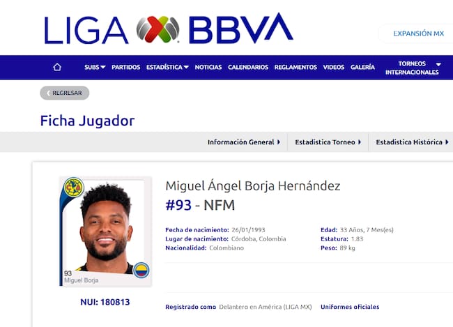 Miguel Borja registrado en la Liga MX
