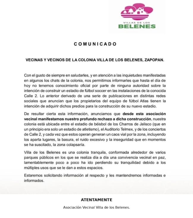 Comunicado de los vecinos de la posible nueva zona del estadio del Atlas | Foto: Jalisco en línea